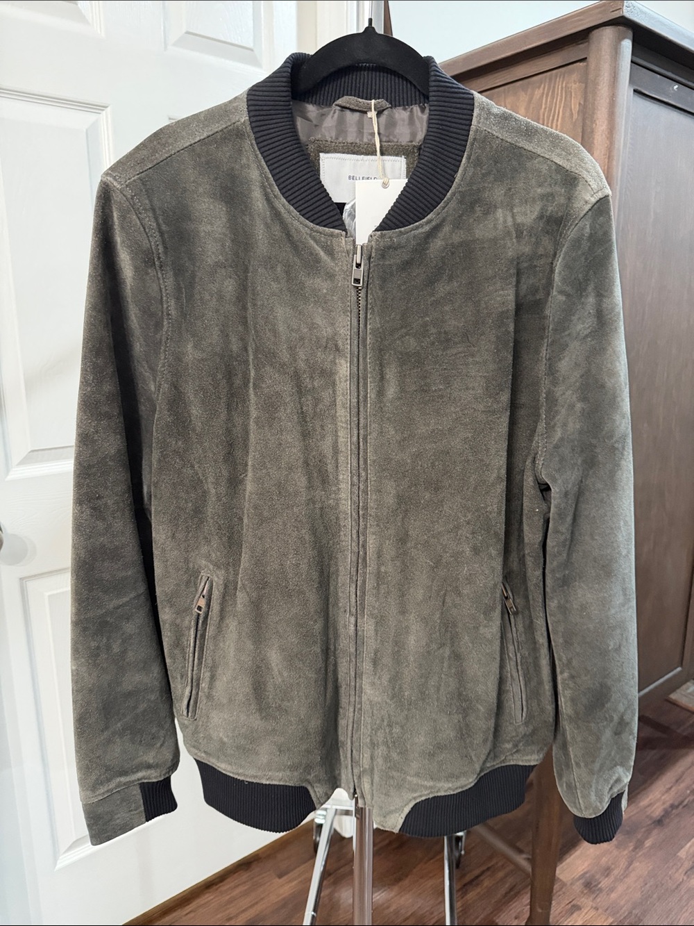 Bellfield Hadon Gray Suede Bomber Jacket with Black Trim